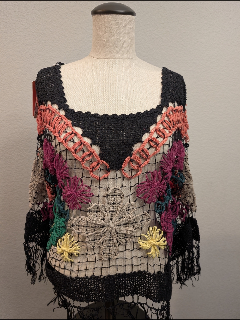 NWT Moneti Sz M Black Crochet Off-the-Shoulder Sweater w/ Multicolor Florals